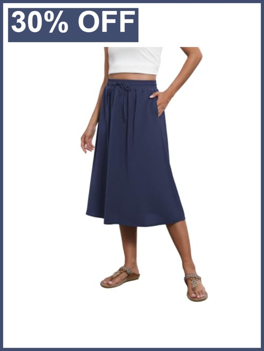 Womens Flowy Midi Skirt High Waist A-Line with Pockets Bohemian Cover-Up